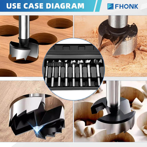 Premium Alloy Steel Heavy Duty Forstner Bit Set Featuring Eight Precision Heat Treated Round Shank Hole Cutters in use on wood.