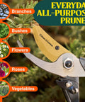 Pro Grade 8.75 Inch Titanium Bypass Pruning Shears cutting branch, non-slip grip, Japanese high-carbon steel blade visible