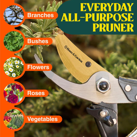 Pro Grade 8.75 Inch Titanium Bypass Pruning Shears cutting branch, non-slip grip, Japanese high-carbon steel blade visible