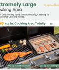 Propane Gas Griddle Grill Combo With Porcelain Enamel Cast Iron Grates And Cast Iron Pan displaying large cooking area with food