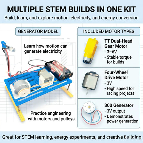 Solar Powered STEM Kit For Kids Ages 8 Through 14 Build Seven In One Models Like A Solar Car And Motor Science Project A Cool Educational Gift For Boys And Girls showing generator model and motors included.