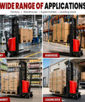 Heavy Duty Full Electric Pallet Stacker With 3500 Lb Load Capacity And 94 In Lift Height For Warehouse Forklift Work in factory, warehouse, supermarket, loading dock.