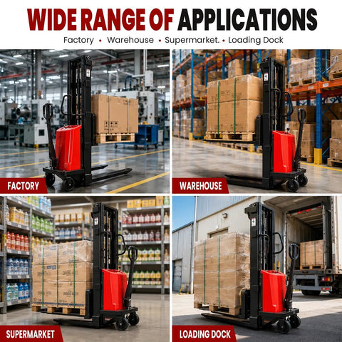 Heavy Duty Full Electric Pallet Stacker With 3500 Lb Load Capacity And 94 In Lift Height For Warehouse Forklift Work in factory, warehouse, supermarket, loading dock.