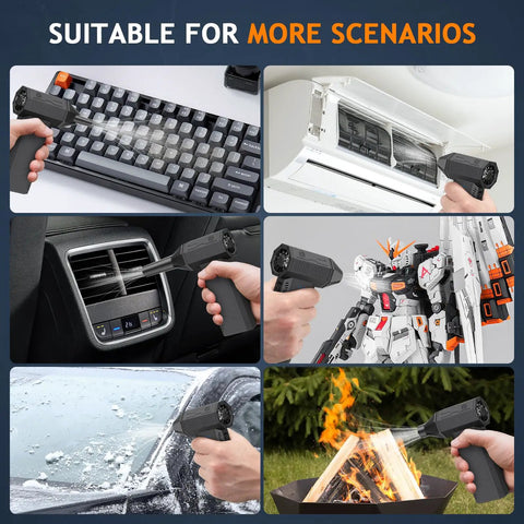 Collage showing Powerful Electric Air Duster Beast With 180000 RPM Brushless Motor 3 Speed Adjustable Cordless Blower in use