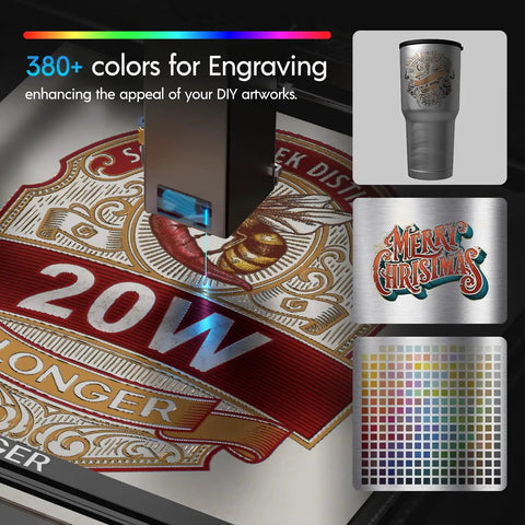 380+ colors engraving samples shown for 20W Laser Cutter And Engraver With 3.5 Inch Touch Screen Offline Use 24000 Mm/min Speed CNC DIY Engraving Machine For Wood Metal Acrylic And Glass