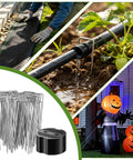 200 Piece Garden Staples Kit Including 100 6 Inch U Shaped Landscape Staples And 100 Fixing Gaskets For Weed Barrier Fabric Ground Cover Fences And Artificial Turf, shown in various outdoor uses with landscape staples and gaskets.