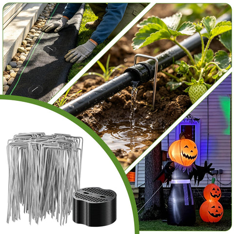 200 Piece Garden Staples Kit Including 100 6 Inch U Shaped Landscape Staples And 100 Fixing Gaskets For Weed Barrier Fabric Ground Cover Fences And Artificial Turf, shown in various outdoor uses with landscape staples and gaskets.