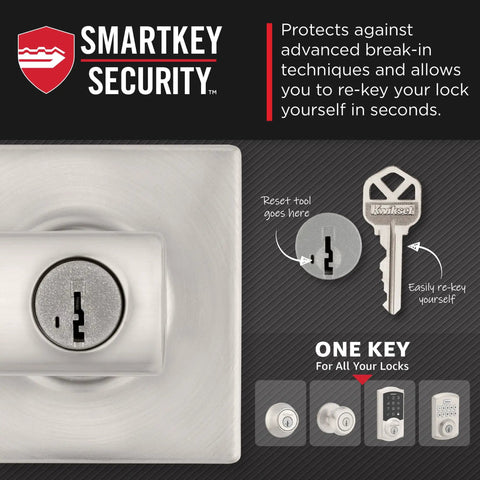 SmartKey Security feature for Breton Entry Door Handle With Lock And Key, shown with key and rekey tool instructions.