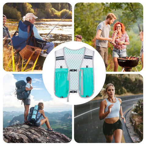 Go To Hydration Vest For Running And Trail Gear With Multiple Pockets Lightweight Hydration Backpack centered among outdoor scenes.