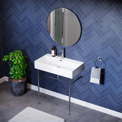 Claire 30 Inch Ceramic Console Sink With Glossy White Basin, Scratch Resistant Non Porous Ceramic, Single Faucet Hole