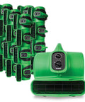 Beefy Medium Air Mover And Centrifugal Utility Fan With Easy Dial Timer And Built In Double Power Outlets For Rapid Carpet Drying And Shop Restoration, green design, close-up