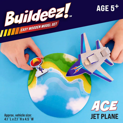 Child assembling Jet Plane Ace Wooden Model Kit for Kids 5 and Up Easy Build STEM Craft Set on colorful background.