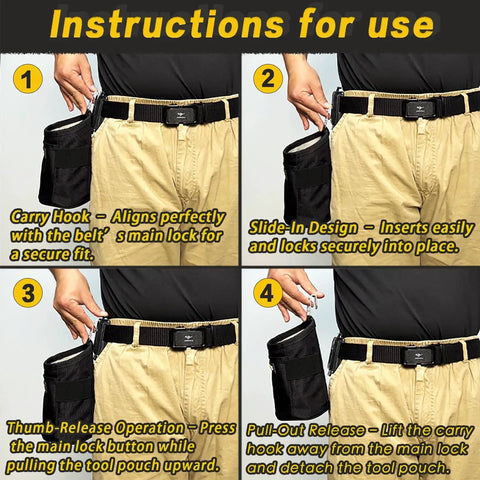 Instructions for Durable Nail And Screw Pouch With Belt Clip For Electricians Carpenters Mechanics And Handymen Pro Grade Tools Organizer Bag With Snap Spring Closure To Keep Fasteners Secure And Easily Accessible On The Job, showing various attachment and release methods.