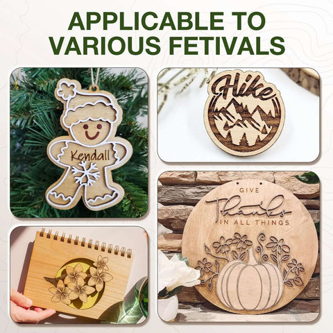 Collage of walnut plywood crafts: gingerbread ornament, round mountain tag, floral pumpkin plaque, notebook cutout.