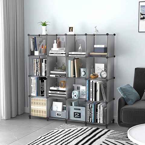 16 Cube Gray Storage Organizer Kit For Bedroom Office Living Room Modular DIY Shelf System with books and decor items