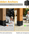 Hidden anchors on thickened 4x4 post base for concrete with raised base design, showing tripping hazard comparison next to child.