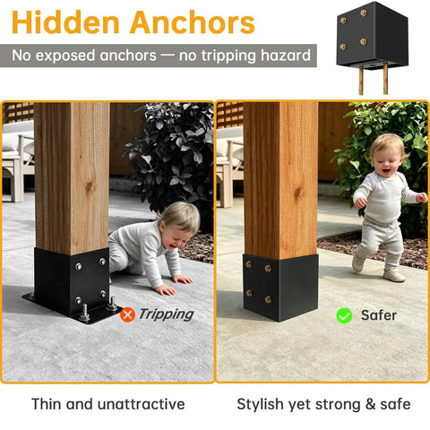 Hidden anchors on thickened 4x4 post base for concrete with raised base design, showing tripping hazard comparison next to child.