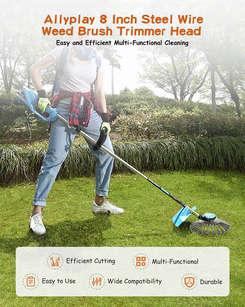 Person using 8 Inch Steel Wire Rotary Brush Cutter Head Universal Replacement For String Trimmers And Lawnmowers in garden