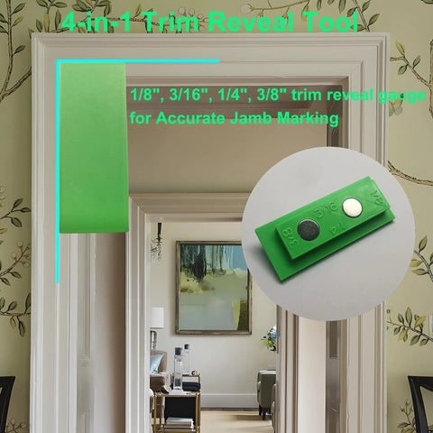 No Fuss 4 In 1 Trim Reveal Tool For Spot On Door Jamb Cut Marks, showing green gauge for accurate jamb marking.
