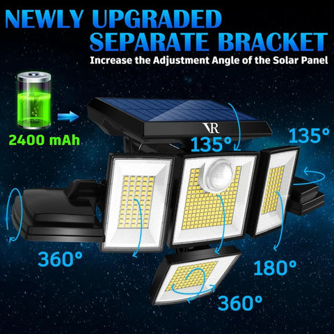No Brainer Solar Motion Sensor Flood Lights Outdoor 6 Heads With 496 LEDs, highlighting adjustable angles and solar panel bracket.