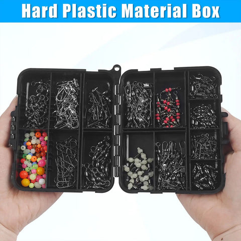 Ultimate Fishing Swivels Kit With Ball Bearing And Rolling Barrel Swivels, Crossline Three Way Swivels, Duo Lock And Coast Lock Snaps, Crane Barrel Options, Pro Grade High Strength Connectors For Bass, Trout, Saltwater And Freshwater. Hard plastic tackle box with assorted fishing swivels and snaps.