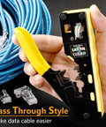 All In One Pass Through RJ45 Crimp Tool Kit With Network Cable Tester for Cat5, Cat5e, Cat6, Cat6A, Cat7 Ethernet Cables in hand.