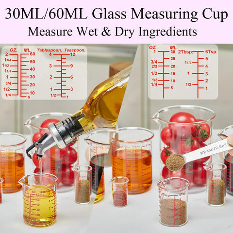 Seven Piece Glass Measuring Cup Set With Borosilicate Beaker Style Nesting Cups, Clear Markings From 1 Tsp To 8 Oz, Your Kitchen Go To For Baking, Cooking And Drink Prep, Durable Glass Easy To Read. 30ml and 60ml cups with liquid and dry ingredients