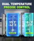 Heavy Duty Commercial Refrigerator And Freezer Combo With Dual Temp Zones For Restaurants And Bars showing refrigerator and freezer temperatures.