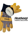 Premium Leather Work And Ski Gloves 1927KW Medium with Otto striped canvas back and Heatkeep thermal insulation visible.