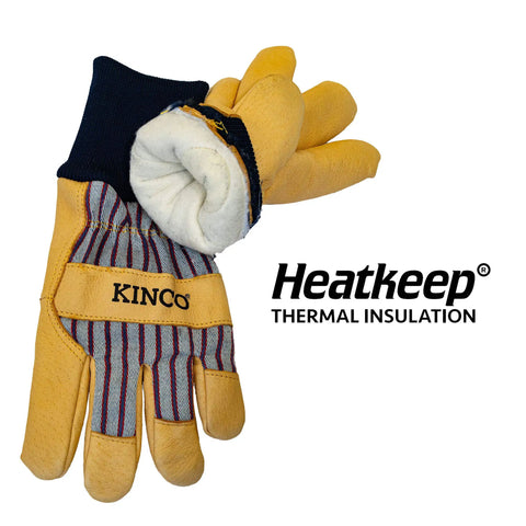 Premium Leather Work And Ski Gloves 1927KW Medium with Otto striped canvas back and Heatkeep thermal insulation visible.