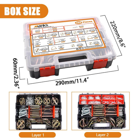 Heavy Duty Hitch Pin Clip Assortment Kit in plastic case with two layers of r clips, hair pins, linch pins, PTO pins, quick release pins.