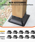 Heavy Duty 4x4 Post Base Brackets, 10 Pack, Powder Coated Steel Anchor for Standard Wood Posts shown securing wood, with accessories