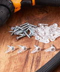 24 Pack Clear Flush Glass Retainer Clips For Cabinet And Screen Doors With Self Tapping Screws, transparent clips and steel screws arranged on wood.