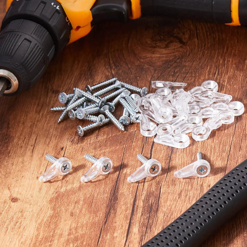 24 Pack Clear Flush Glass Retainer Clips For Cabinet And Screen Doors With Self Tapping Screws, transparent clips and steel screws arranged on wood.