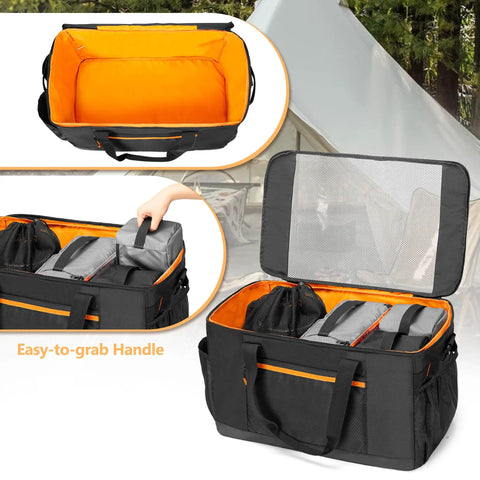 Camping Gear Organizer Set With Three Packing Cubes And One Mesh Pocket In A Handy Carrying Bag, open with visible cubes.