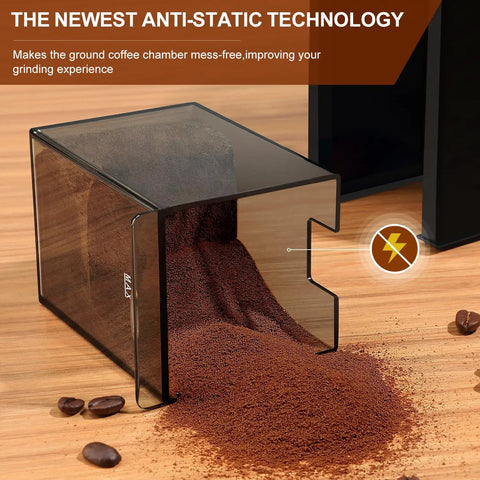 KIRAINAFLY Electric Burr Coffee Grinder with Adjustable Settings For Drip And Espresso Maker Including French Press showing anti-static technology with ground coffee.