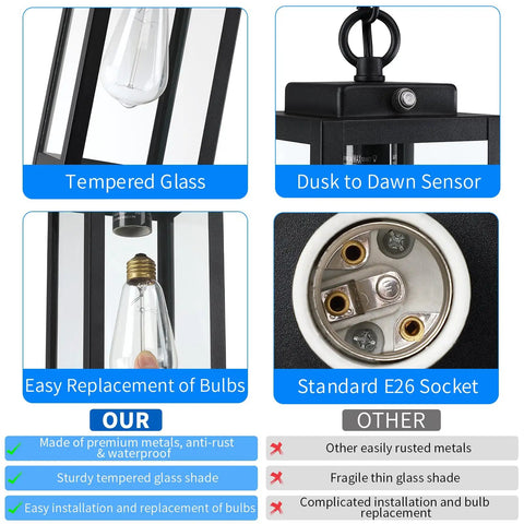 Top Shelf Build And 11 Inch Black Outdoor Pendant Light Comes Loaded With Smart Dusk To Dawn Sensor, showing tempered glass and E26 socket.