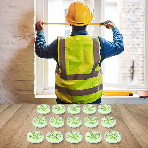 15 Pack 32mm Round for spirit Level for acrylic Bubble Gauge Precision displayed with a contractor measuring a window.