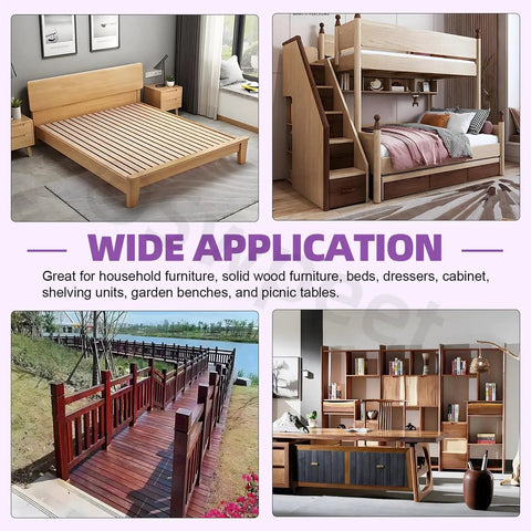 Collage showing various furniture applications including beds, shelving, and outdoor decking made with 50 Piece Fully Threaded Rod Kit In M8.