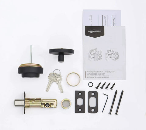 Contemporary Round Deadbolt Lock With Easy, No Fuss Installation Using A Phillips Head Screwdriver Matte Black Finish Single Cylinder Security 1 Pack Reversible Lever For Left Or Right Handed Doors Durable Home Entry Upgrade shown with parts and instructions.