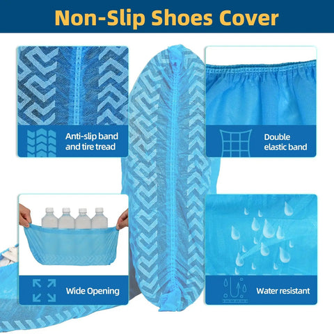 200 Packs Disposable Non Slip Shoe Covers Game Changer Thick Nonwoven Durable Booties With Elastic Edges, water-resistant, blue.