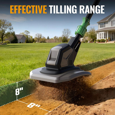 20V Cordless Garden Tiller Cultivator With 4 By 12 Steel Tines, 8 Inch Till Depth in action on lawn edge, battery powered