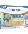 Packaging of Adjustable 5-Panel Wood Dog Gate Free Standing Folding Design No Assembly For Doorways And Wide Openings From 48 To 110 Inches 17 Inch Height Natural Finish Pet Containment Gate