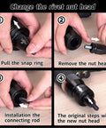 Steps to change nozzle on Pneumatic Rivet Nut Kit With 400 RPM Air Tool, tool-free change shown in four stages