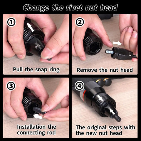 Steps to change nozzle on Pneumatic Rivet Nut Kit With 400 RPM Air Tool, tool-free change shown in four stages