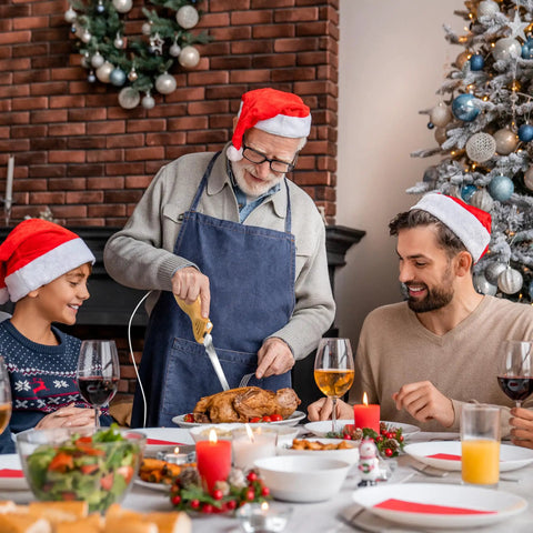 Prikoi Electric Carving Knife For Meat Slicing, Dual Stainless Blades, Easy Grip Handle, Perfectfor Roasts, Turkey, Ham, Homemade Bread And DIY Foam Cutting, Fast Holiday Dinner Prep Tool used for carving turkey by an elderly man.