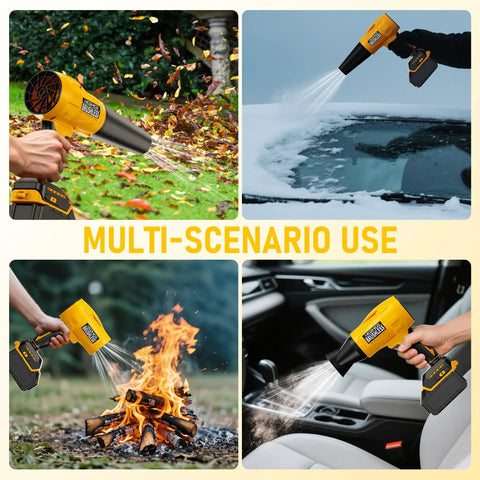 Cordless Leaf Blower With 20V Power, Turbo Jet Brushless Motor Reaches Up To 580,000 RPM, 3 Nozzles Included, handheld tool use in various scenarios like yard, car, snow, and fire debris.
