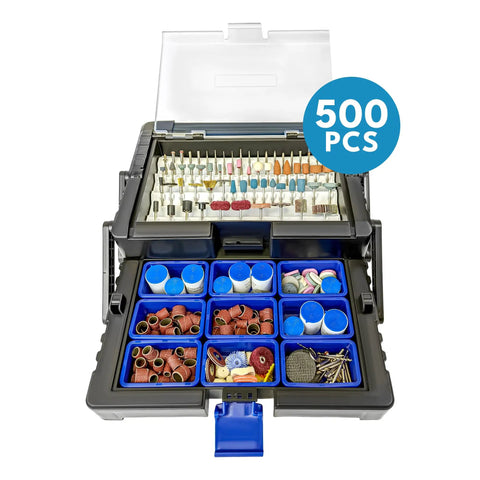 500 Piece Rotary Tool Accessories Kit With Cantilever Organizer Case for DIY projects with versatile bits visible