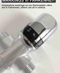 Close-up of Three Way Thermostatic Mixing Valve With 1/2NPT Connections In Solid Brass for safe water temperature control, fahrenheit markings.