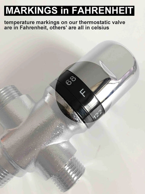 Close-up of Three Way Thermostatic Mixing Valve With 1/2NPT Connections In Solid Brass for safe water temperature control, fahrenheit markings.